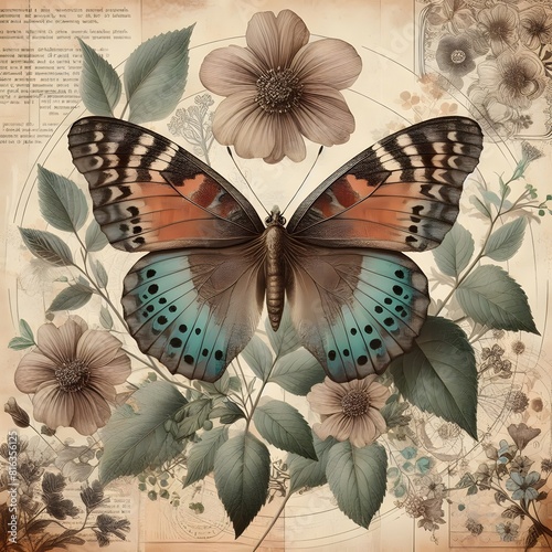 A beautifully designed illustration of a butterfly on a vintage collage style background