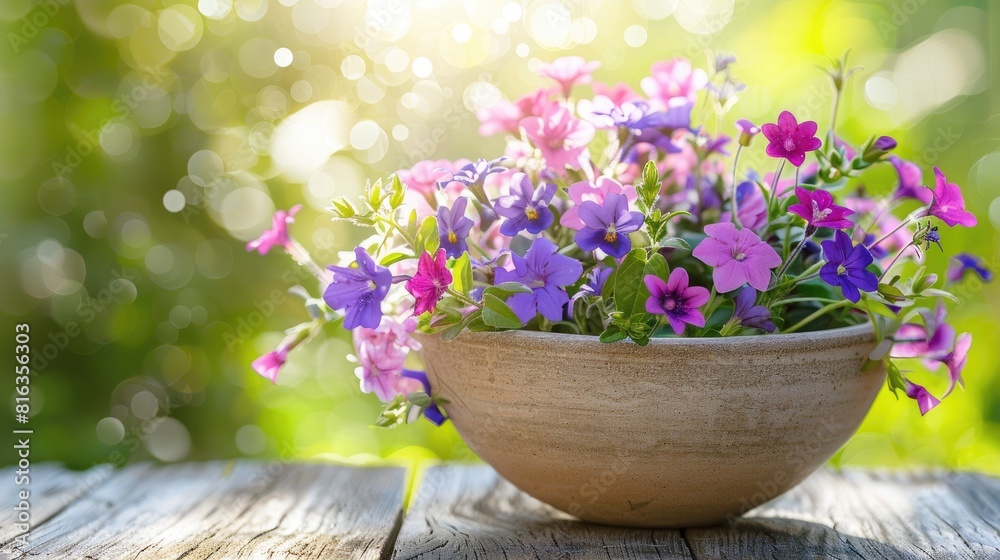A bunch of small purple and pink flowers in a bowl on a wooden table with a bright sunny day and white background A bunch of small purple and pink flowers in a bowl on a wooden table with a bright sunny day and white background