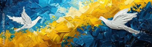 Ukrainian Flag Abstract with Peace Dove Symbols: Painted Texture in the Colors of Ukraine photo