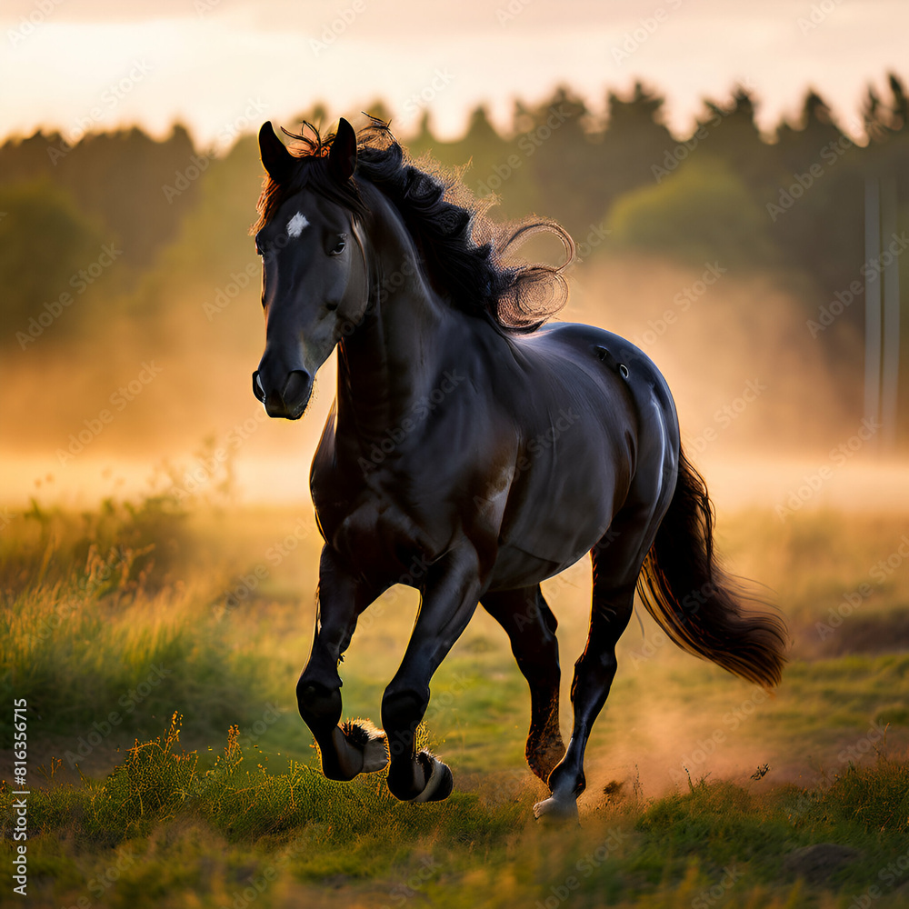 A black horse running at morning in the feild A black horse running at morning in the feild