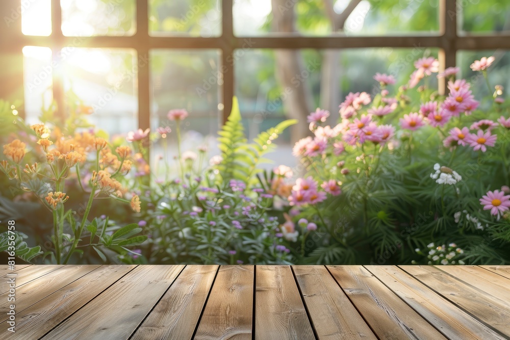 Wood table top on blur of window with garden flower background in morning.For montage product display or design key visual layout - generative ai Wood table top on blur of window with garden flower background in morning.For montage product display or design key visual layout - generative ai