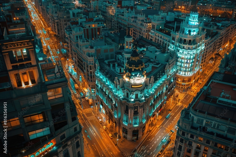 Beautiful night view of the city center in downtown Madrid, Spain with illuminated skyscrapers and streets, high angle