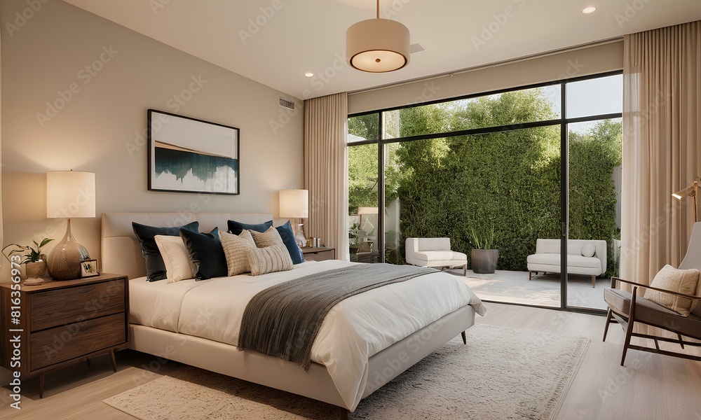 Fototapeta premium Vanilla Dreams A Mid-Century Modern Bedroom with a Cozy Sofa, Elegant Chair, and Stunning Poster