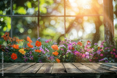 Wood table top on blur of window with garden flower background in morning.For montage product display or design key visual layout - generative ai © Nia™