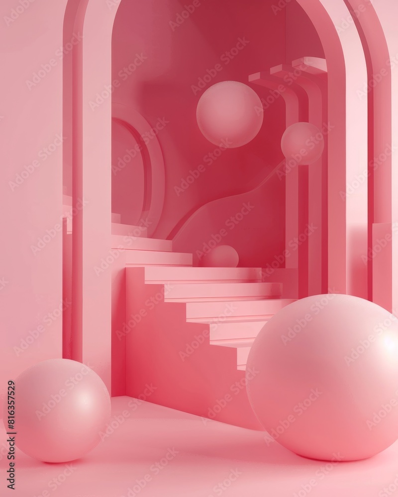Abstract 3D-rendered scene with soft pink spheres and arches creating a tranquil and minimalist geometric space.