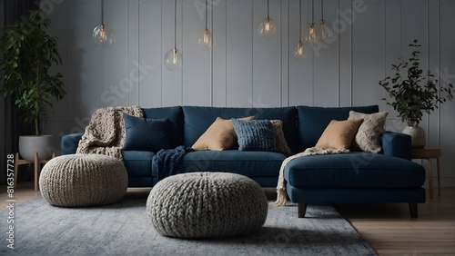 Two knitted poufs near dark blue corner sofa. Scandinavian home interior design of modern living room. photo