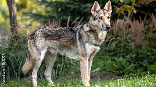 Female Saarloos wolfdog strolling in a garden photo