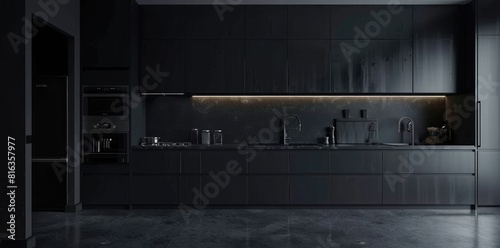 Black kitchen interior with modern cabinets and appliances. Dark grey minimalist home interior design of the open space, hyper realistic photography