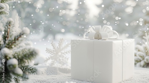 A white gift box with a bow sitting in the snow on a cold winter day, christmas, copy space