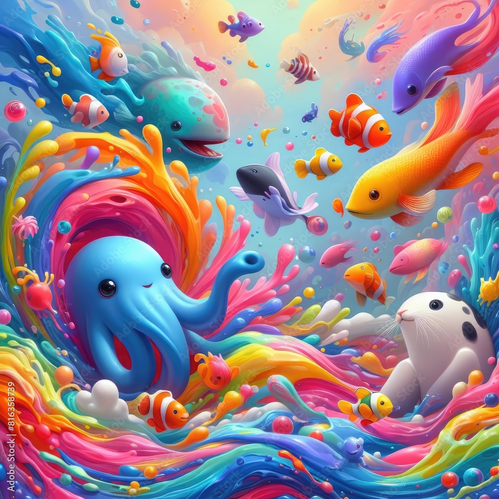 Child-Friendly Background: Cute Aquarium Animals with Oil Paint Child-Friendly Background: Cute Aquarium Animals with Oil Paint