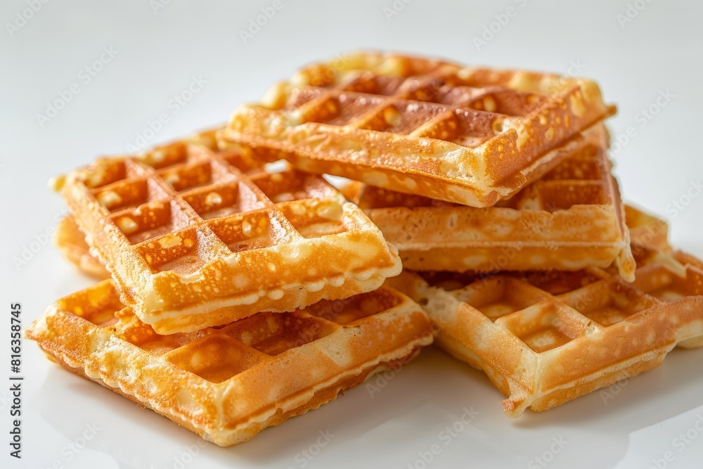 A stack of freshly baked golden waffles, crisply textured and lightly dusted with powdered sugar on a white background. A stack of freshly baked golden waffles, crisply textured and lightly dusted with powdered sugar on a white background.