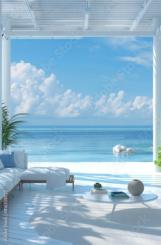 white luxury living room with some details in blue glasses color near maldives beach floating sea in 3d