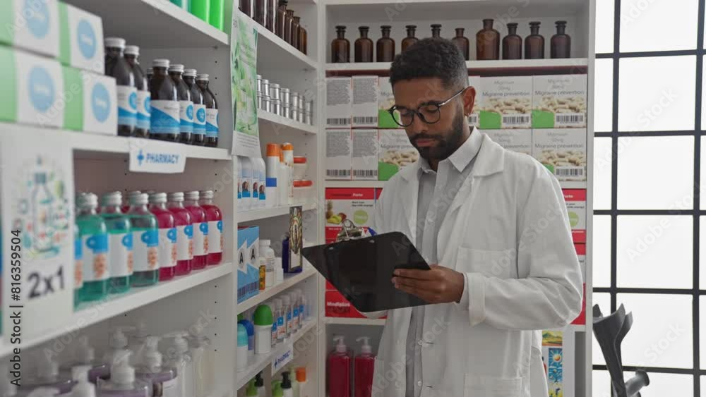 African pharmacist man in lab coat examining medication in a modern drugstore African pharmacist man in lab coat examining medication in a modern drugstore