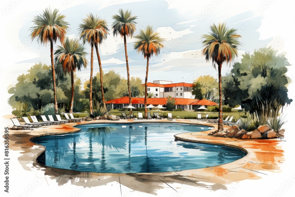 Relax by the pool at a luxurious resort surrounded by lush palm trees. The red tile roof and white walls create a serene atmosphere, perfect for unwinding and enjoying a peaceful retreat Relax by the pool at a luxurious resort surrounded by lush palm trees. The red tile roof and white walls create a serene atmosphere, perfect for unwinding and enjoying a peaceful retreat