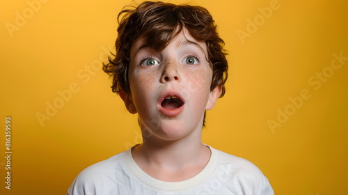 A boy of about 9 years old with freckles and wearing a white T-shirt. Shocked, confused, standing against a bright yellow background, with a surprised face and open mouth, with short brown hair. © xuxu