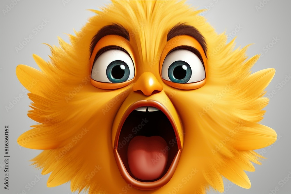 A detailed and colorful illustration of a surprised cartoon chicken face. Perfect for reactions, ads, or childrens content, adding a touch of fun and charm to any design project