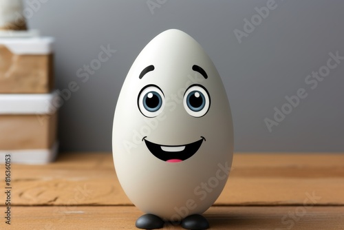 An amusing illustration of an egg with a cheerful smiley face, standing on a wooden table. The egg is the main focus, isolated on a solid color background, making it ideal for creative projects photo