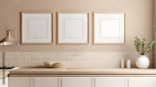 Scandinavian minimalist style kitchen wall art mockup with wooden frame  4 blank vertical empty frame for wall art mockup  soft beige color wall theme of the room