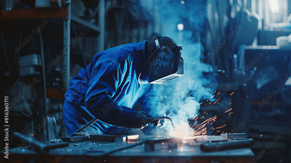 A welder in protective gear working with intense sparks in an industrial setting. A welder in protective gear working with intense sparks in an industrial setting.
