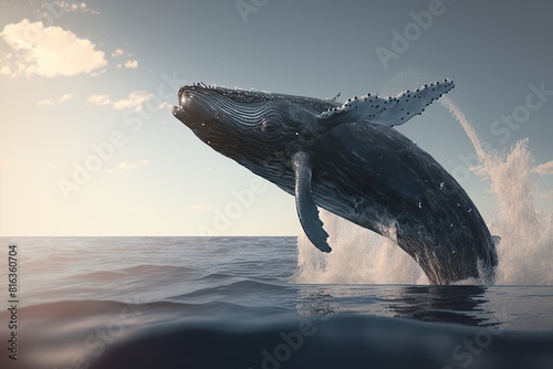 A humpback whale majestically jumps out of the sea
