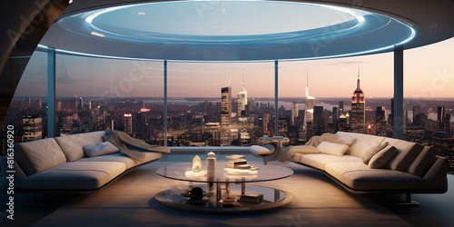A futuristic living room with a glass floor  showcasing a panoramic view of a bustling cityscape below  adorned with sleek furniture and contemporary decor.