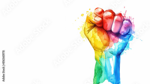 Rainbow watercolor of a raise woman fist for pride homophobia human rights photo