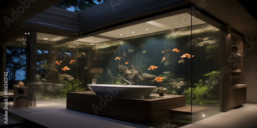 A luxurious bathroom with a glass floor  showcasing a serene koi pond below  complete with modern fixtures and a freestanding soaking tub for a spa-like experience. 