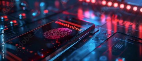 A fingerprint scanner glows red, while an alert notification on a smartphone reads 