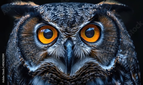 Closeup of an owl's face with yellow eyes against a black background, in a professional photographic style.