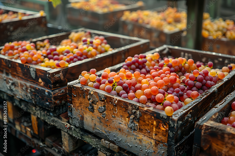 The harvested grape crop is packed in wooden boxes on the sorting table, ready for further processing at a vineyard during the harvest season
The harvested grape crop is packed in wooden boxes on the sorting table, ready for further processing at a vineyard during the harvest season