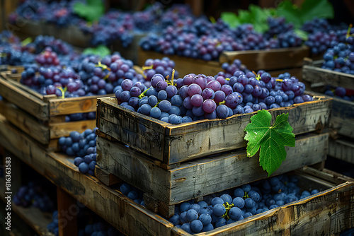 The harvested grape crop is packed in wooden boxes on the sorting table, ready for further processing at a vineyard during the harvest season 