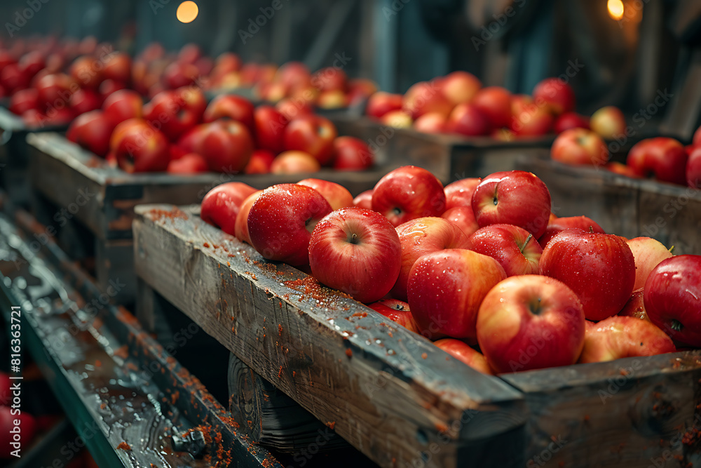 The harvested apple crop is neatly packed in wooden boxes on the sorting table, ready for distribution at a bustling orchard during the peak of the harvest season The harvested apple crop is neatly packed in wooden boxes on the sorting table, ready for distribution at a bustling orchard during the peak of the harvest season