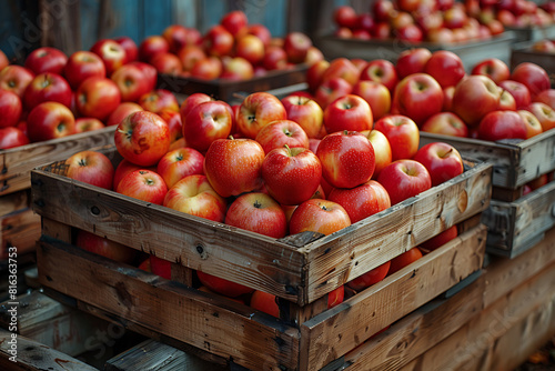 The harvested apple crop is neatly packed in wooden boxes on the sorting table  ready for distribution at a bustling orchard during the peak of the harvest season 