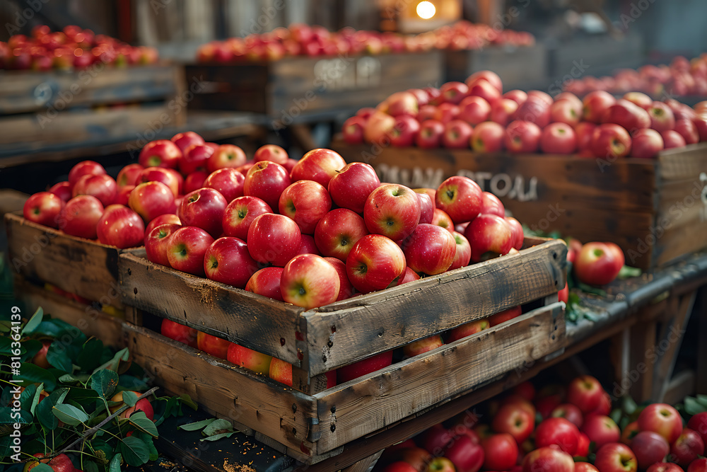 The harvested apple crop is neatly packed in wooden boxes on the sorting table, ready for distribution at a bustling orchard during the peak of the harvest season The harvested apple crop is neatly packed in wooden boxes on the sorting table, ready for distribution at a bustling orchard during the peak of the harvest season