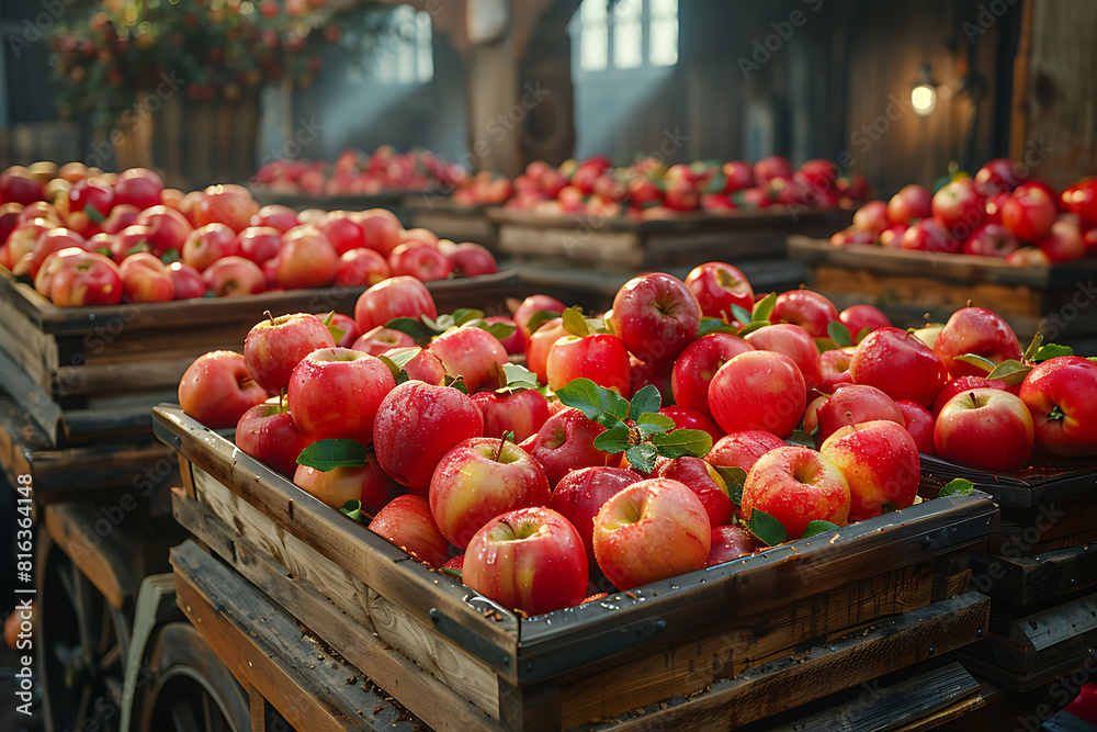 The harvested apple crop is neatly packed in wooden boxes on the sorting table, ready for distribution at a bustling orchard during the peak of the harvest season The harvested apple crop is neatly packed in wooden boxes on the sorting table, ready for distribution at a bustling orchard during the peak of the harvest season