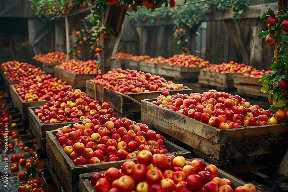 The harvested apple crop is neatly packed in wooden boxes on the sorting table, ready for distribution at a bustling orchard during the peak of the harvest season The harvested apple crop is neatly packed in wooden boxes on the sorting table, ready for distribution at a bustling orchard during the peak of the harvest season