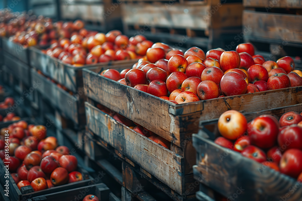 The harvested apple crop is neatly packed in wooden boxes on the sorting table, ready for distribution at a bustling orchard during the peak of the harvest season The harvested apple crop is neatly packed in wooden boxes on the sorting table, ready for distribution at a bustling orchard during the peak of the harvest season