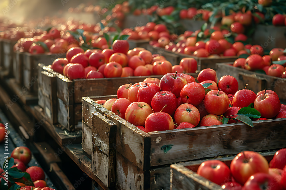 The harvested apple crop is neatly packed in wooden boxes on the sorting table, ready for distribution at a bustling orchard during the peak of the harvest season
