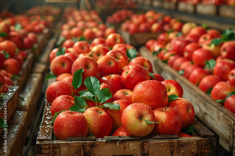 The harvested apple crop is neatly packed in wooden boxes on the sorting table, ready for distribution at a bustling orchard during the peak of the harvest season The harvested apple crop is neatly packed in wooden boxes on the sorting table, ready for distribution at a bustling orchard during the peak of the harvest season