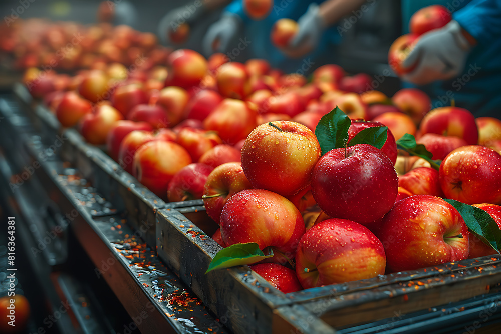 The harvested apple crop is neatly packed in wooden boxes on the sorting table, ready for distribution at a bustling orchard during the peak of the harvest season
