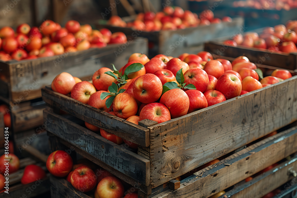 The harvested apple crop is neatly packed in wooden boxes on the sorting table, ready for distribution at a bustling orchard during the peak of the harvest season The harvested apple crop is neatly packed in wooden boxes on the sorting table, ready for distribution at a bustling orchard during the peak of the harvest season