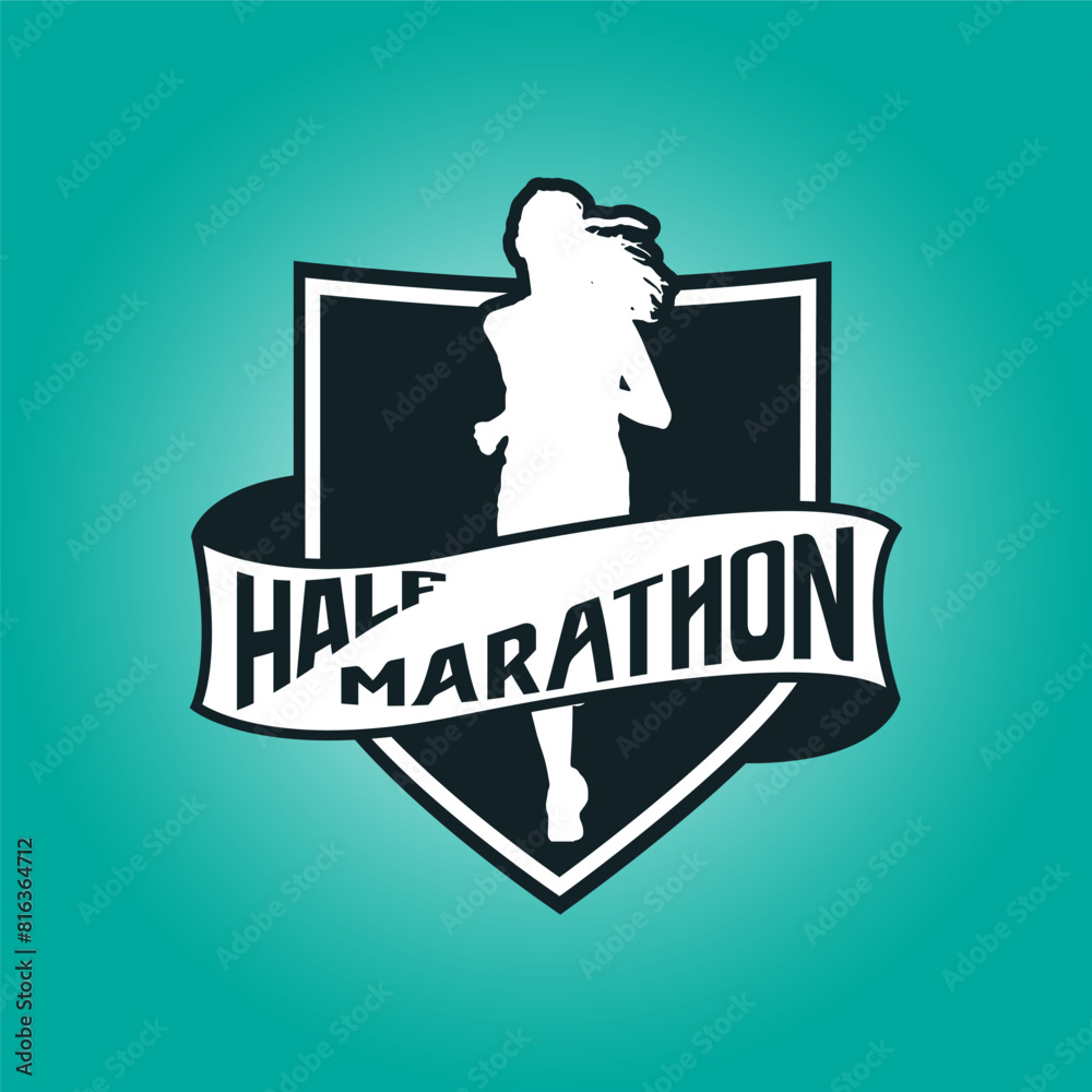 Runner shield with ribbon logo vector graphic illustration on background
