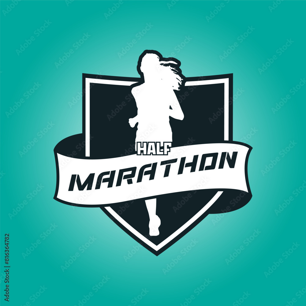 Runner shield with ribbon logo vector graphic illustration on background