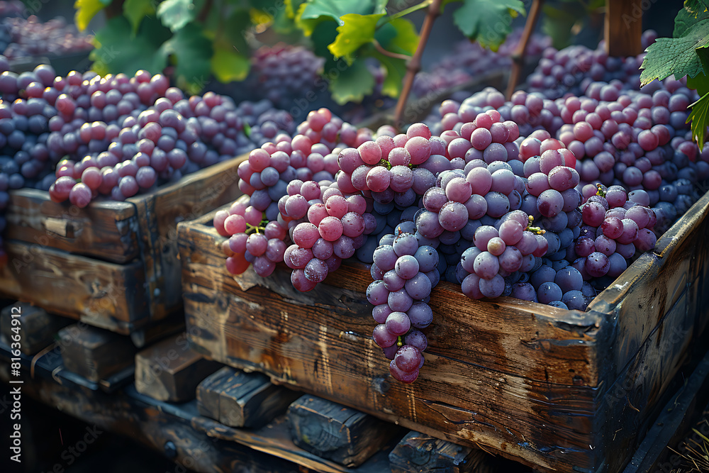 The harvested grape crop is packed in wooden boxes on the sorting table, ready for further processing at a vineyard during the harvest season The harvested grape crop is packed in wooden boxes on the sorting table, ready for further processing at a vineyard during the harvest season