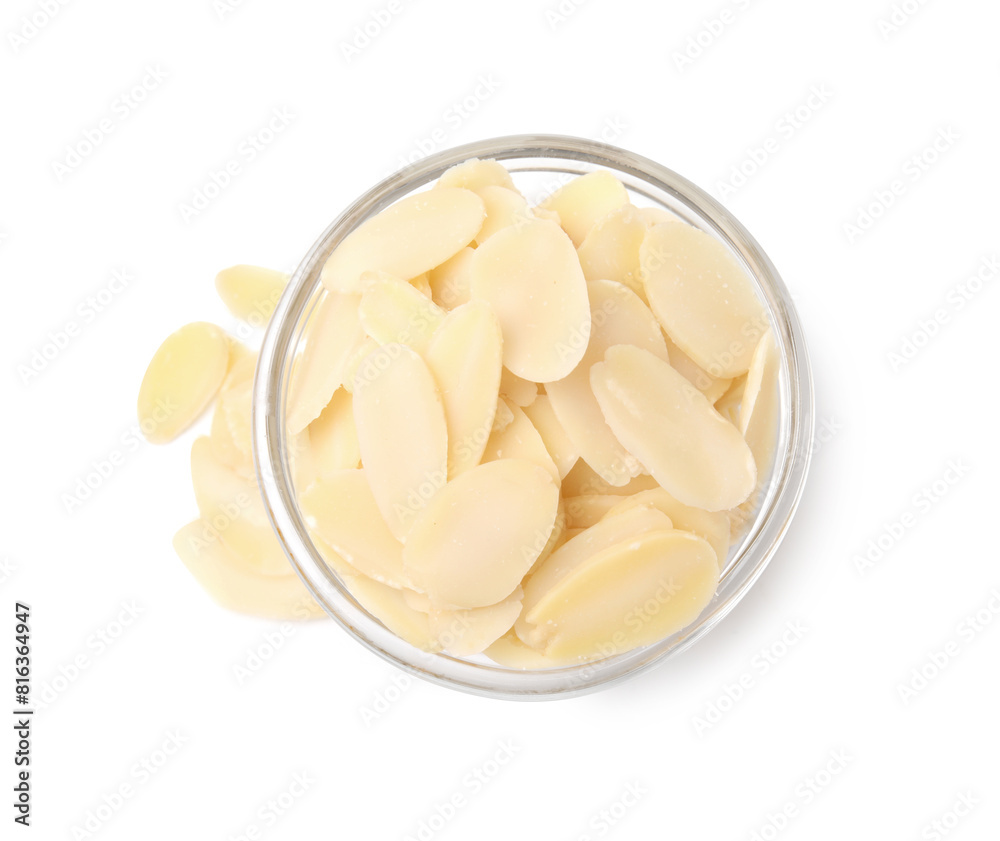Fresh almond flakes in bowl isolated on white, top view