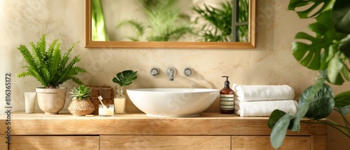 Modern eco-natural bathroom interior with green plants  spa treatment on wooden table. Eco-friendly natural cleaning products and tools