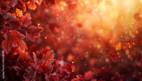 Rich burgundy and burnt orange bokeh halos surrounded by autumn bokeh leaves for Fall festivals.