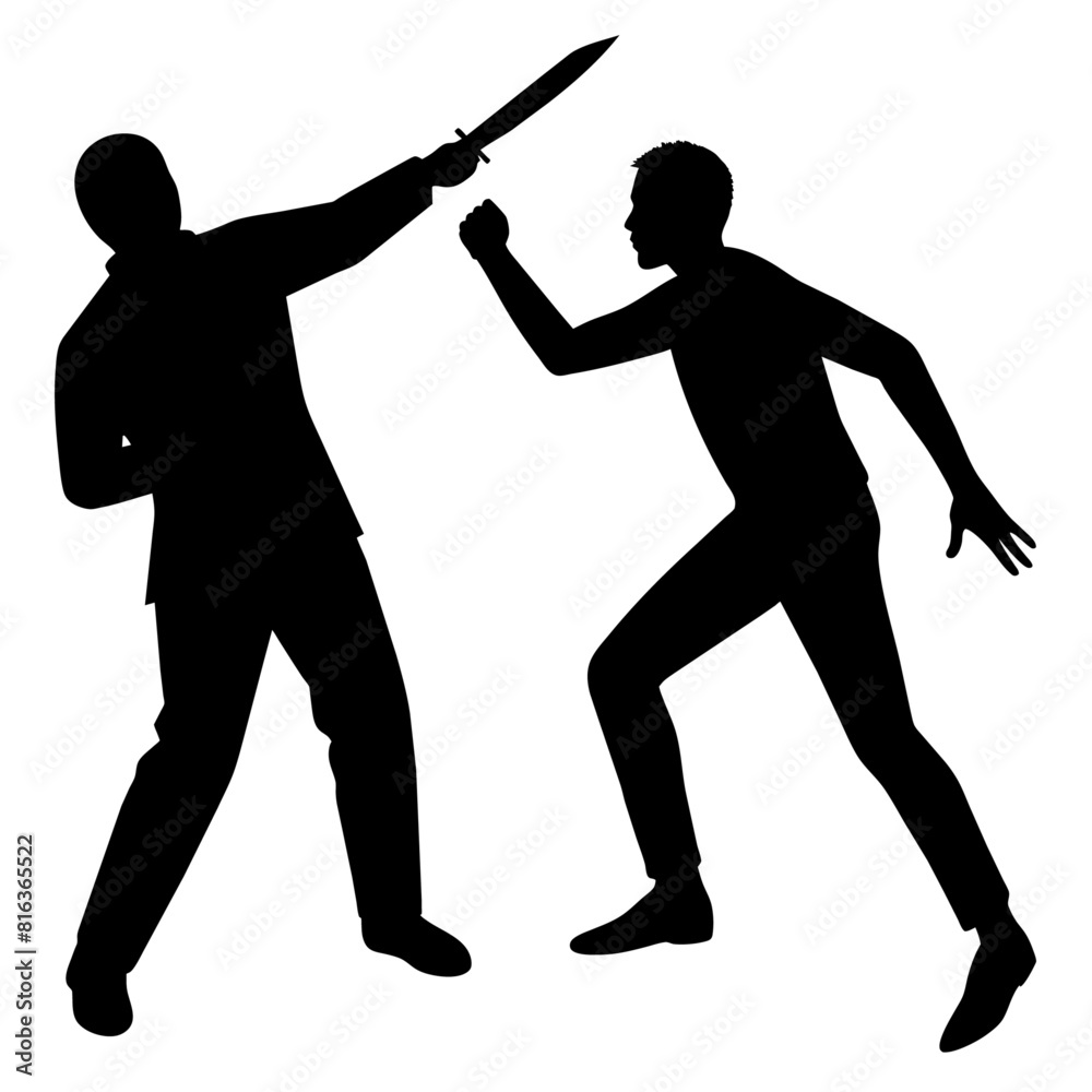 a killer man holding a knife in hand attacking a victim man silhouette