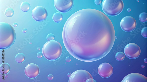 Shiny  transparent bubbles in various colors drift across a clear blue background