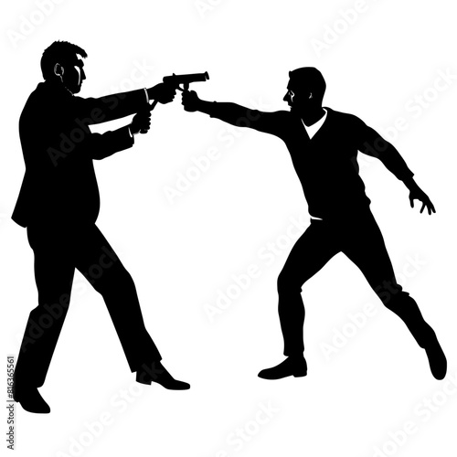 a man engaged in a street fight against an aggressor armed with a pistol vector silhouette black color